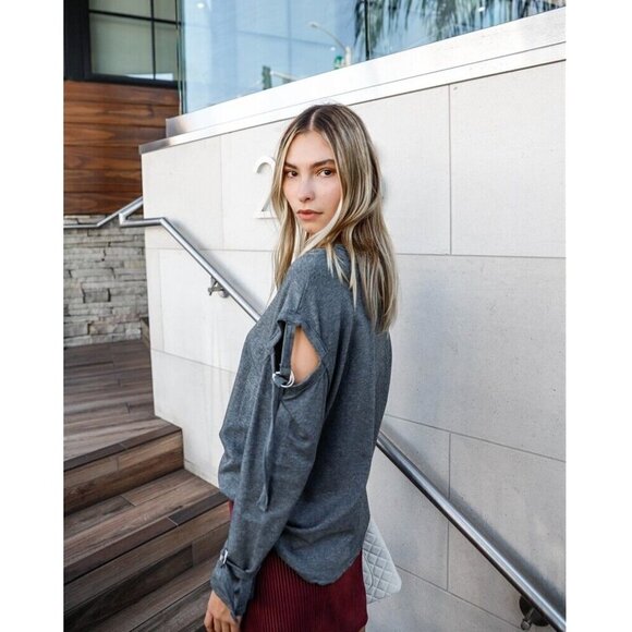 Women's Sweatshirt Long Cut-Out Sleeves Raw Trim Charcoal Casual Fit Sizes S M L - Picture 4 of 5